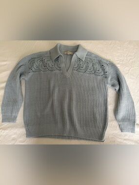 LOFT Light Blue V-Neck Crochet Yoke Sweater